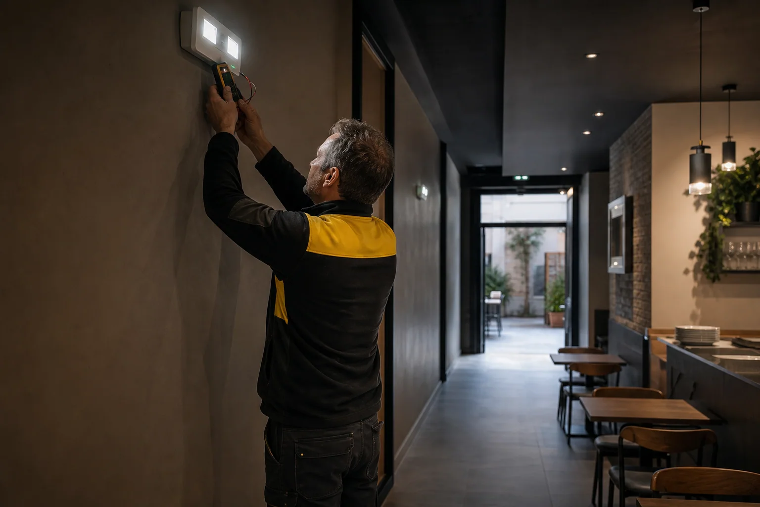 Electricista comprobando el alumbrado de emergencia de un local en Valencia