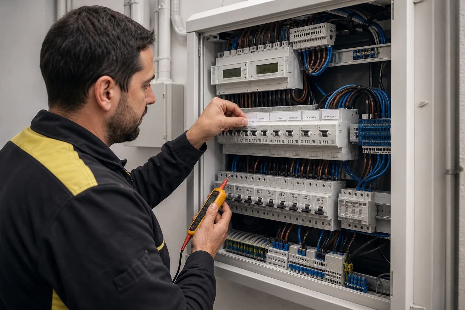 Electricista revisando y etiquetando un cuadro eléctrico de empresa en Valencia