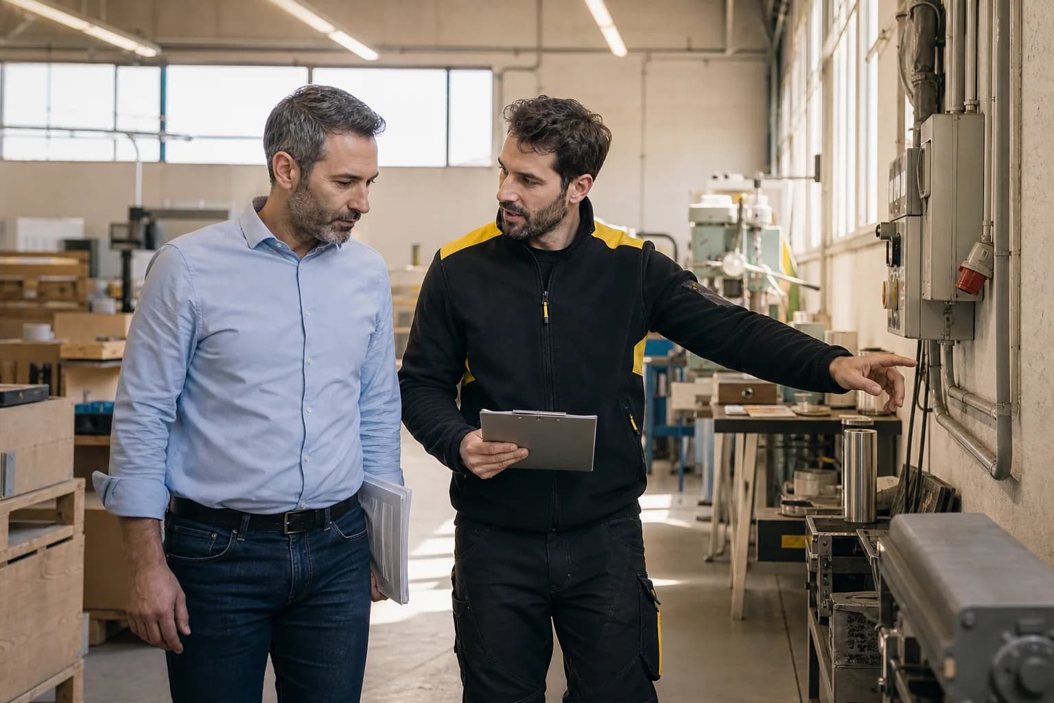 Electricista revisando necesidades eléctricas con el responsable de una pyme de Valencia