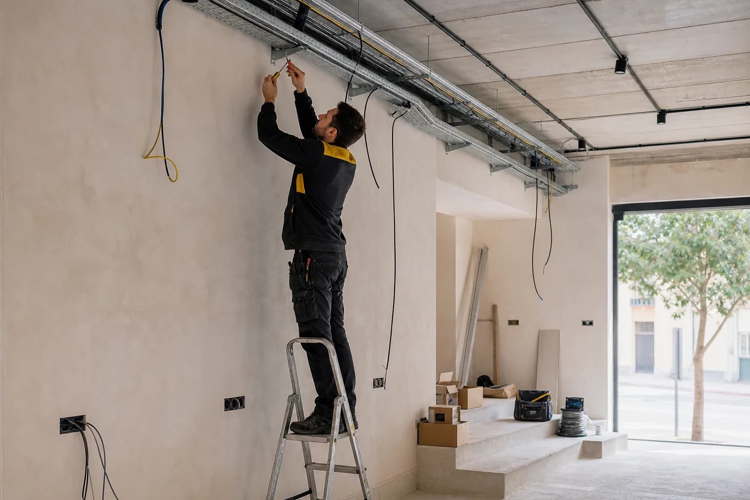 Electricista instalando canalizaciones y cableado en la reforma de un local de Valencia