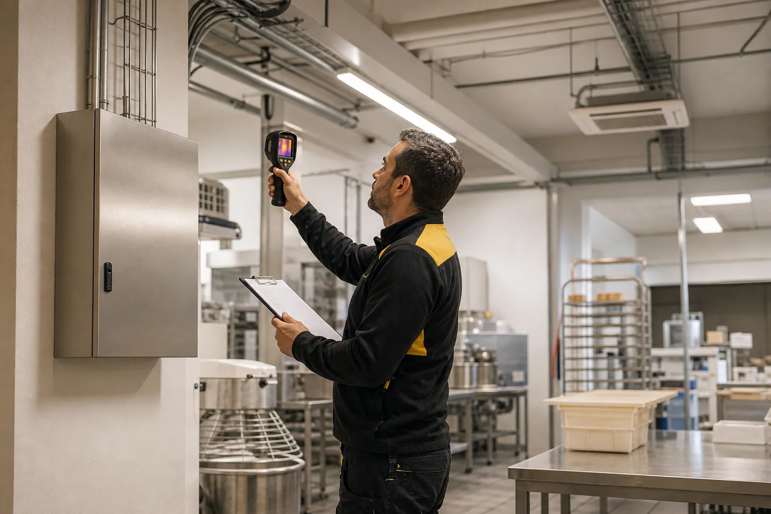 Electricista realizando mantenimiento preventivo en una empresa de Valencia