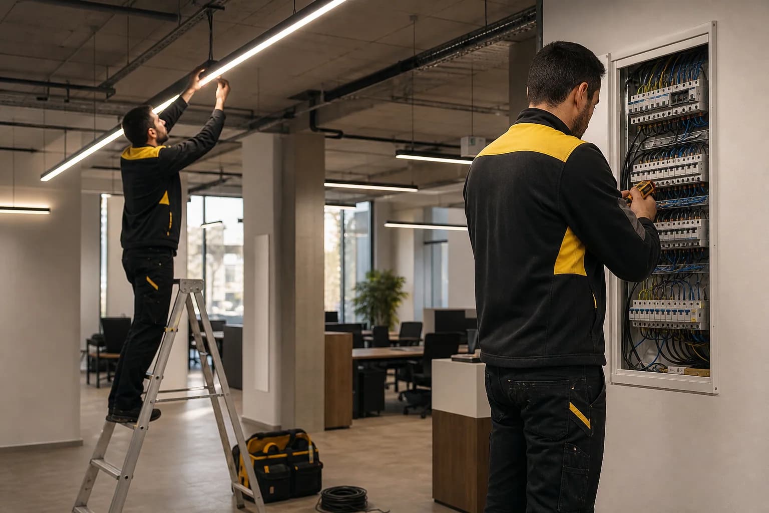 Equipo de electricistas realizando trabajos eléctricos coordinados para una empresa de Valencia